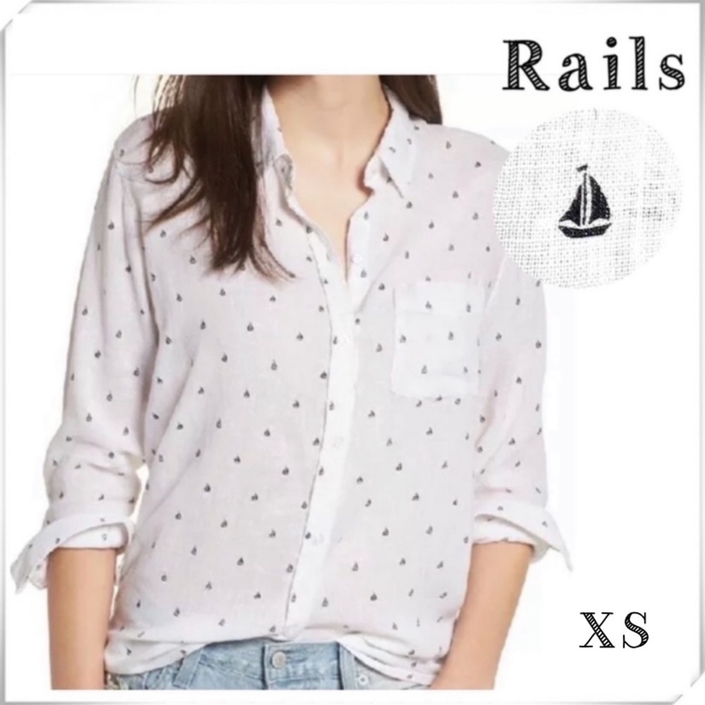 RAILS Charli Mini Sailboat Nautical Linen Blend Button Down Shirt White Size XS